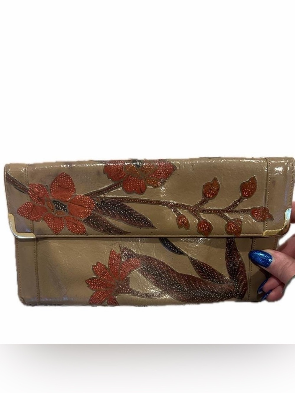 Vintage Floral Embossed Beige Leather Clutch with Red Flower Accents